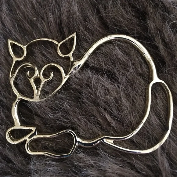 Vintage gold tone large cat outline pin brooch - Picture 1 of 4